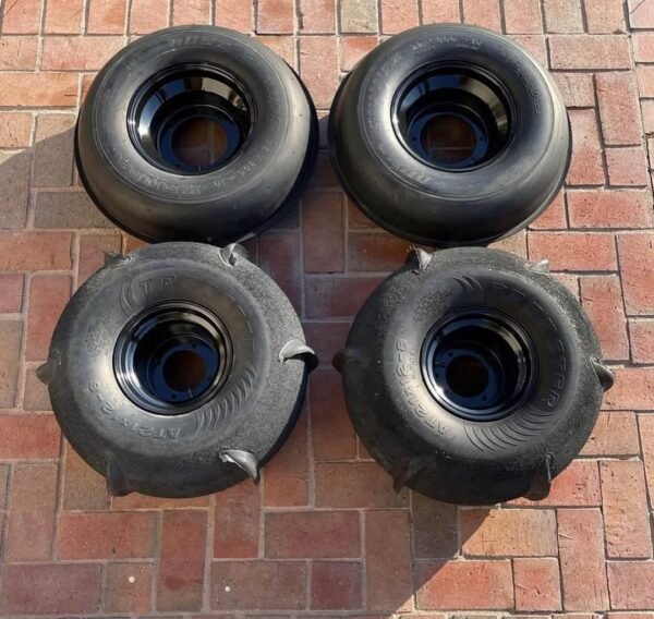 Skat Trak Extreme Sand Paddles and Kenda Dune Runner Front Sand Tires on Douglas Lightweight Rims for Yamaha YFZ450 and Raptor 700